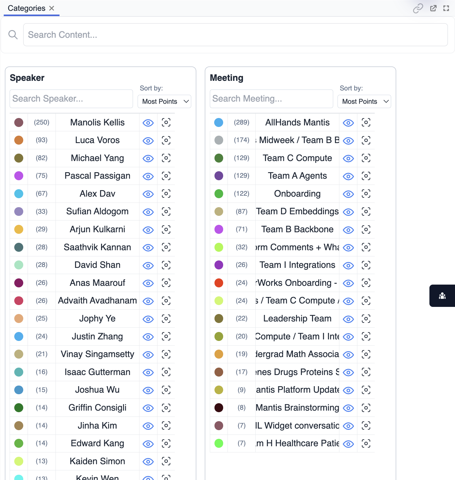 A picture of different categories created in a space analyzing meeting notes to identify speakers and teams